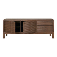 Brown wooden TV stand with a textured diamond pattern and smooth finish, featuring two doors and three drawers.