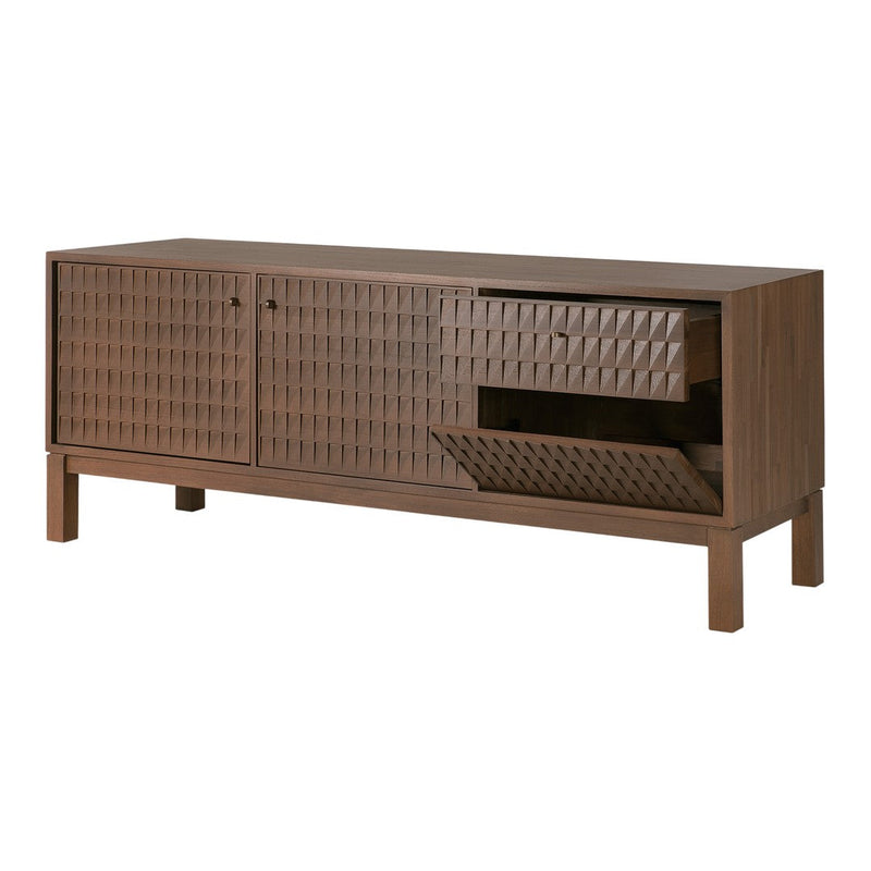 Brown wooden sideboard with a textured geometric pattern and two closed compartments. Elegant and modern design.