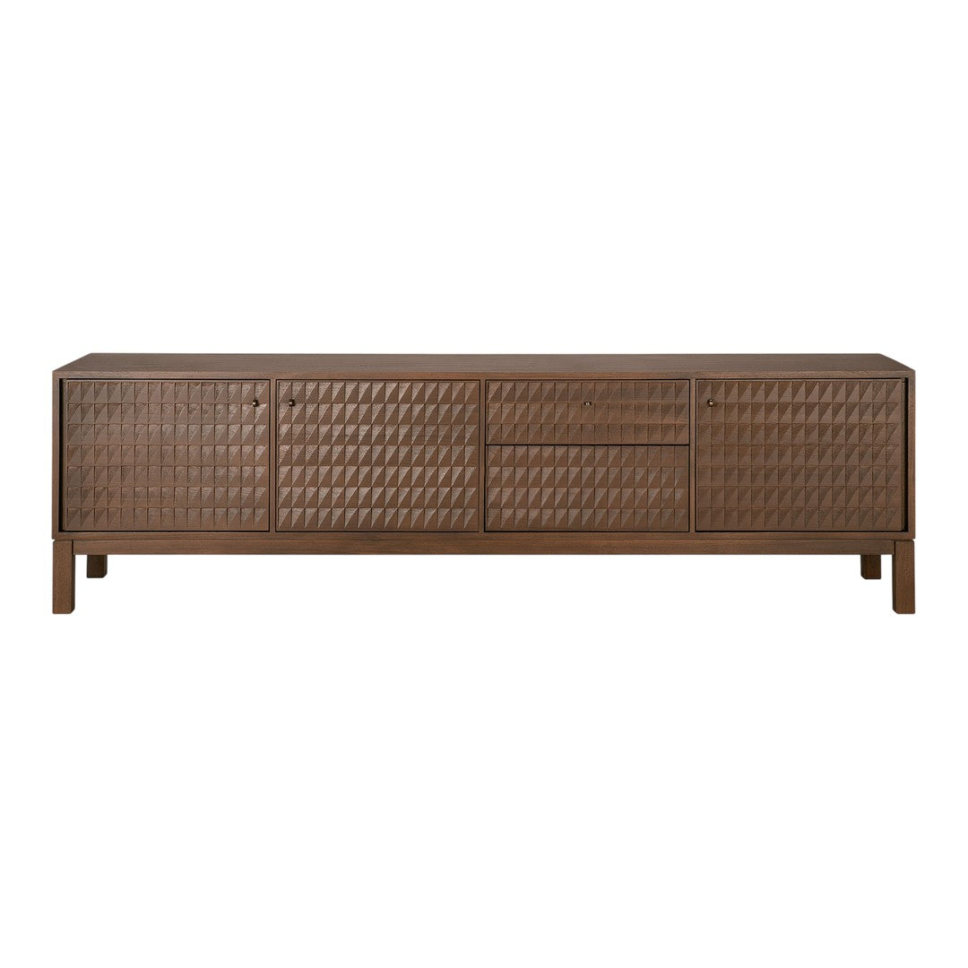 Brown wood sideboard featuring a textured diamond pattern and sleek, modern design. Perfect for stylish storage solutions.