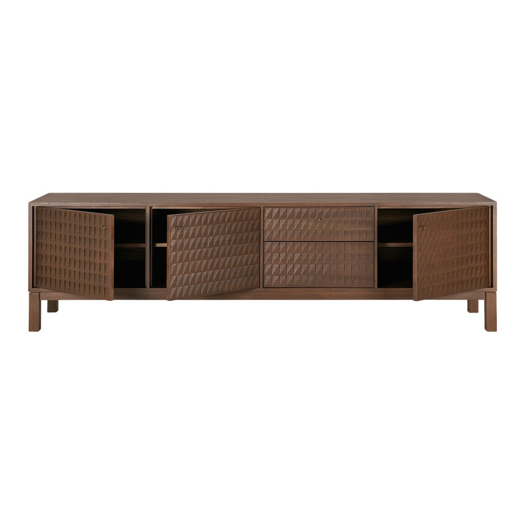 Wooden TV stand in rich brown with a textured, diamond-patterned surface and minimalist design. Ideal for modern decor.