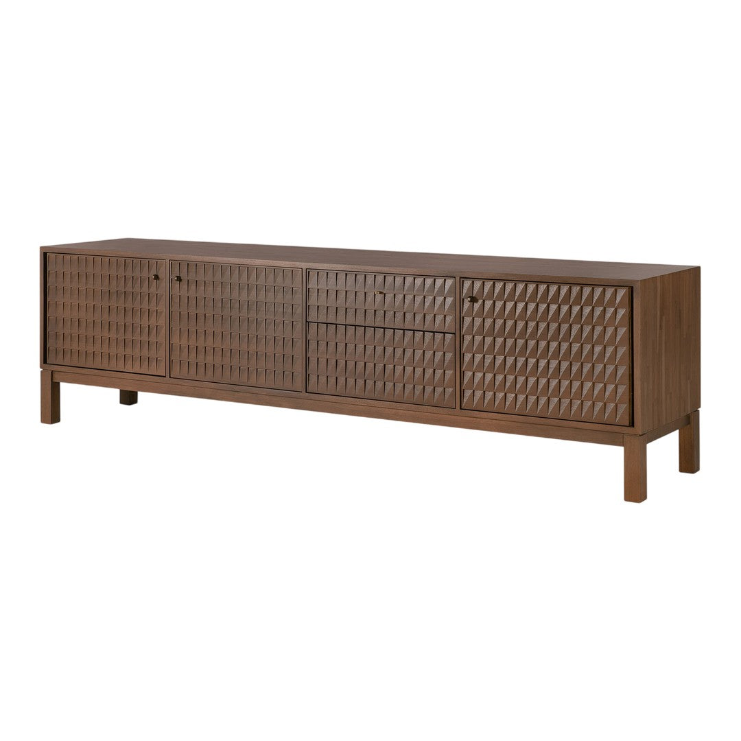 Brown wooden sideboard with intricate geometric patterned doors, offering a modern yet classic design.