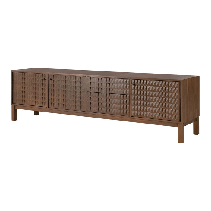 Brown wooden sideboard with intricate geometric patterned doors, offering a modern yet classic design.