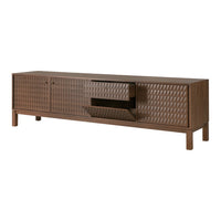 Brown wooden media console with textured diamond pattern and a sleek, modern design. 