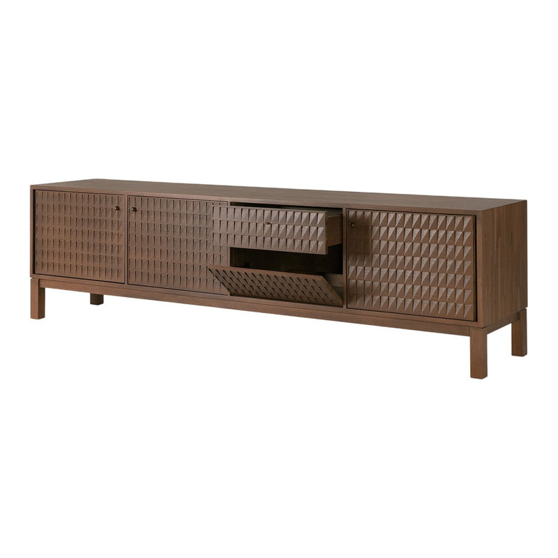Brown wooden media console with textured diamond pattern and a sleek, modern design. 