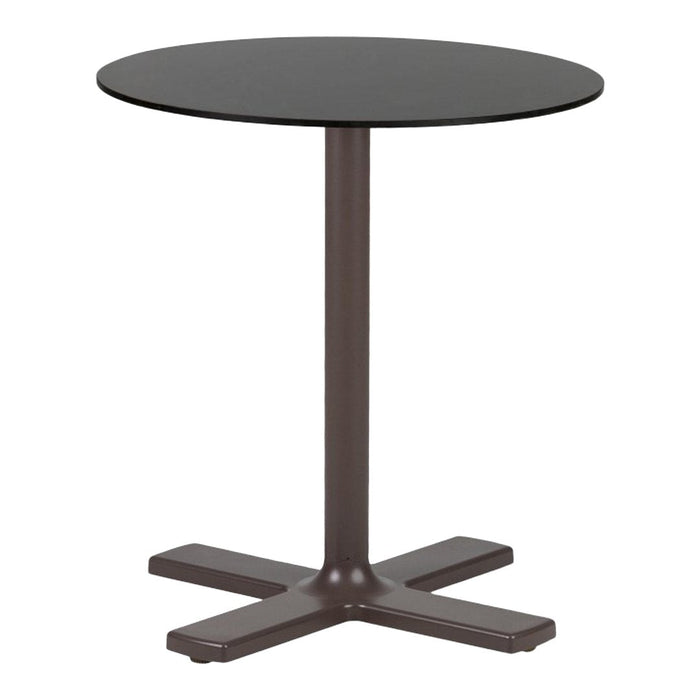 Round black tabletop with a sleek dark brown cross base, perfect for modern decor. Minimalist design and elegant finish.