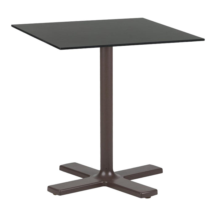 Black square table top with a sleek brown metal base, featuring a minimalist design suitable for any decor.