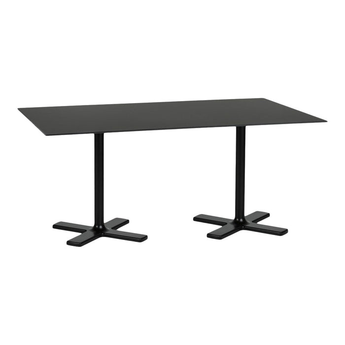 Black rectangular table with a sleek, minimalist design and sturdy black crossbase, perfect for modern decor.
