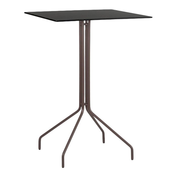 Black square tabletop with a modern brown tripod base, perfect for contemporary dining or office spaces.