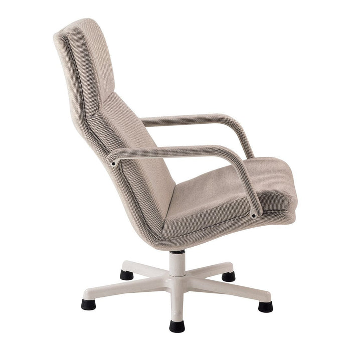 Gray upholstered office chair with a sleek design and subtle texture, featuring a white base and armrests.