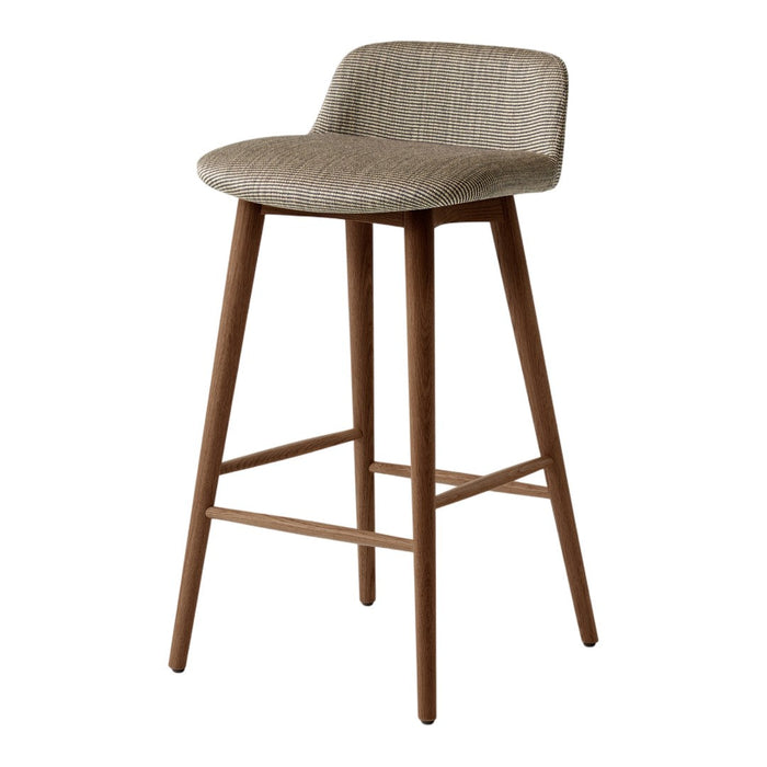 Light beige upholstered bar stool with a simple woven pattern and wooden legs in a warm brown finish.