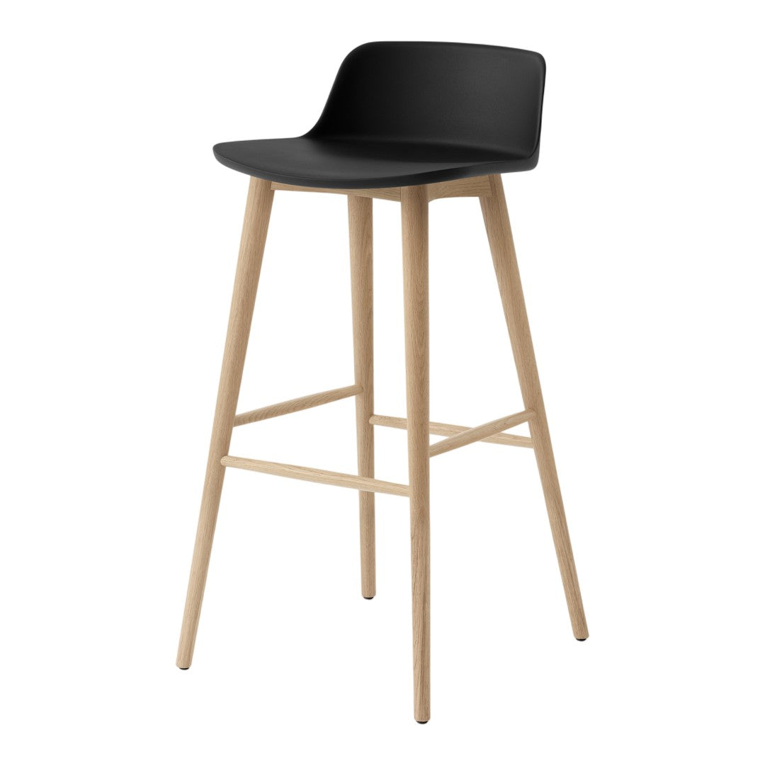Modern black bar stool with a smooth matte finish and light wooden legs. Sleek, minimalist design.
