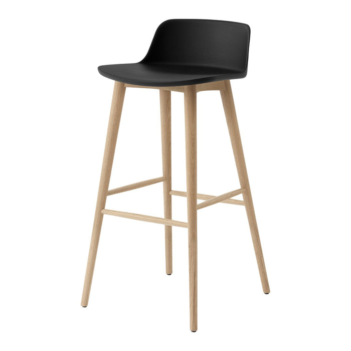 Modern black bar stool with a smooth matte finish and light wooden legs. Sleek, minimalist design.