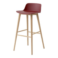 Red molded seat bar stool with natural wood legs, featuring a simple, modern design. Perfect for any contemporary space.