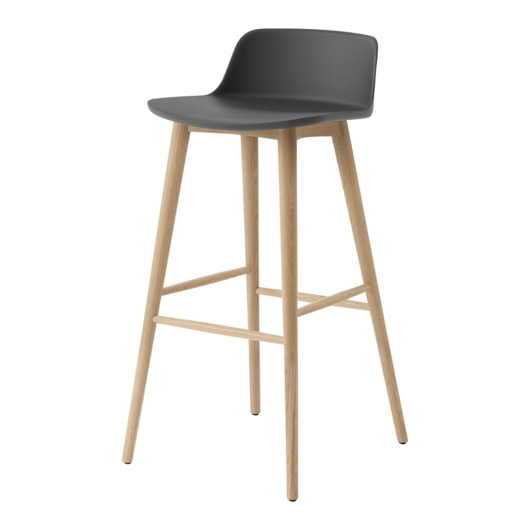 Black bar stool with a sleek seat and natural wood legs, featuring a minimalist design for modern decor.