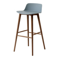 Light blue plastic bar stool with wooden legs, featuring a sleek, minimalist design. Perfect for modern spaces.