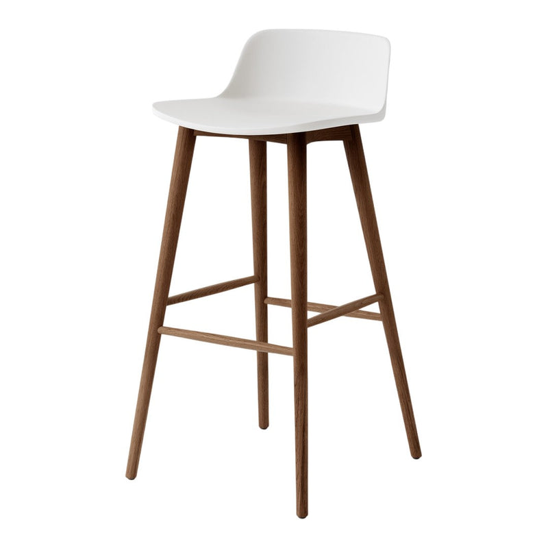 White bar stool with a smooth seat and natural wood legs, featuring a minimalist design and clean lines.
