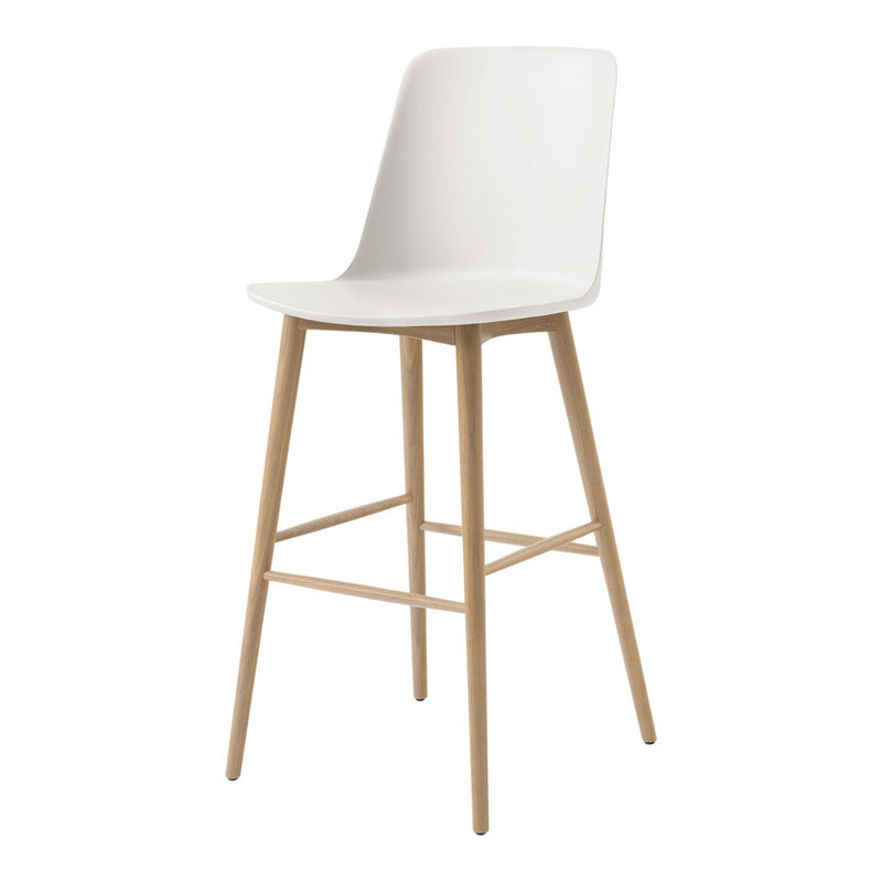 White modern bar stool with a smooth, minimalist design and natural wood legs. Ideal for contemporary decor.