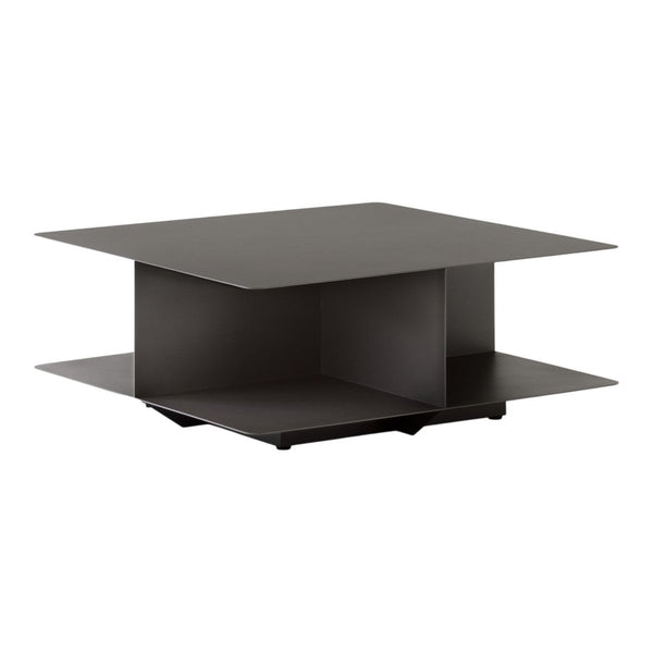 Modern square coffee table in matte black, featuring sleek lines and minimalistic design with an open shelf.