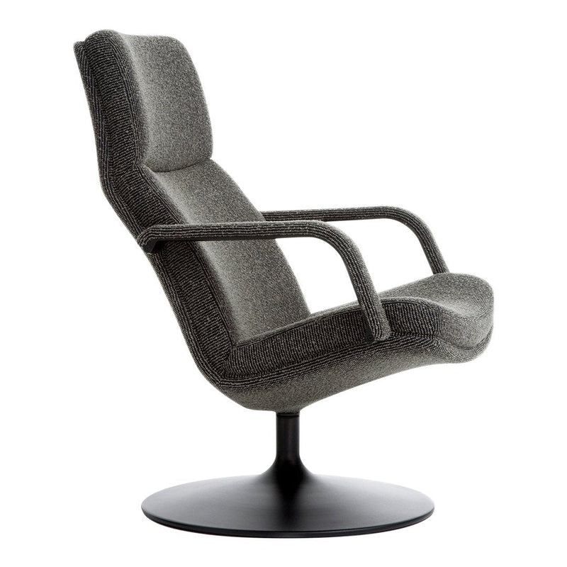 Stylish gray upholstered swivel chair with a sleek black base and minimalist design, perfect for modern decor.