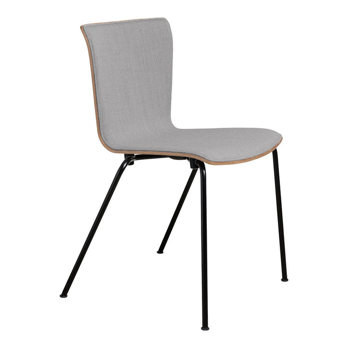 Gray upholstered chair with a sleek molded design and black metal legs. Modern and minimalist style.