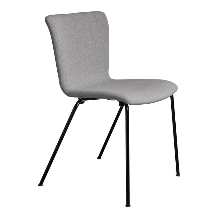 Gray upholstered chair with a smooth finish and sleek black metal legs. Minimalist design for modern decor.