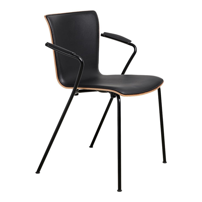 Black upholstered chair with sleek black metal legs and contrasting orange trim along the edges. Modern and minimalist design.
