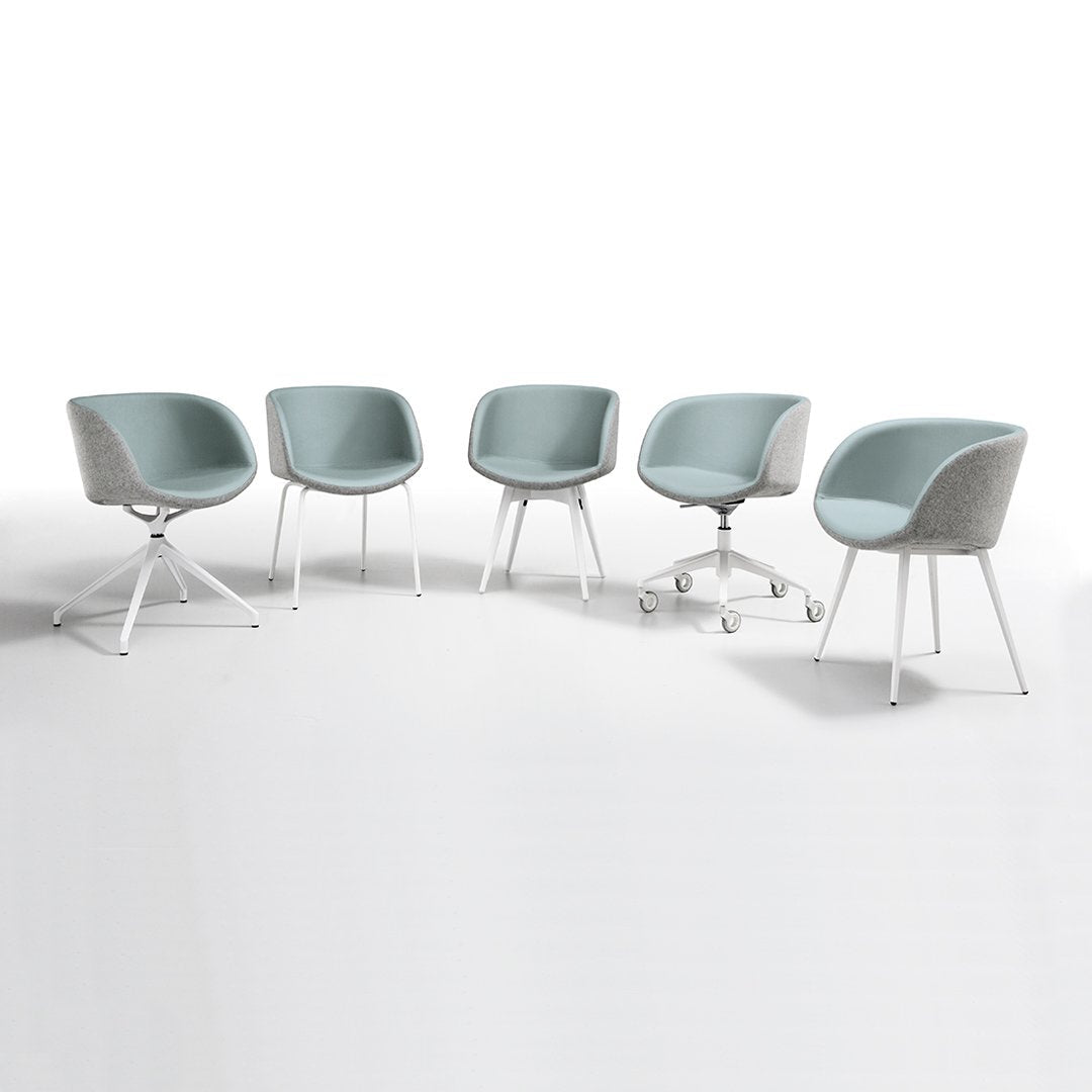 Set of five modern chairs featuring soft blue upholstery with light gray accents and sleek white legs on a white background.