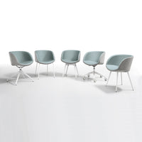 Set of five modern chairs featuring soft blue upholstery with light gray accents and sleek white legs on a white background.