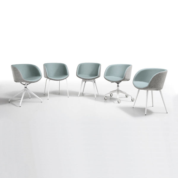 Set of five modern chairs featuring soft blue upholstery with light gray accents and sleek white legs on a white background.