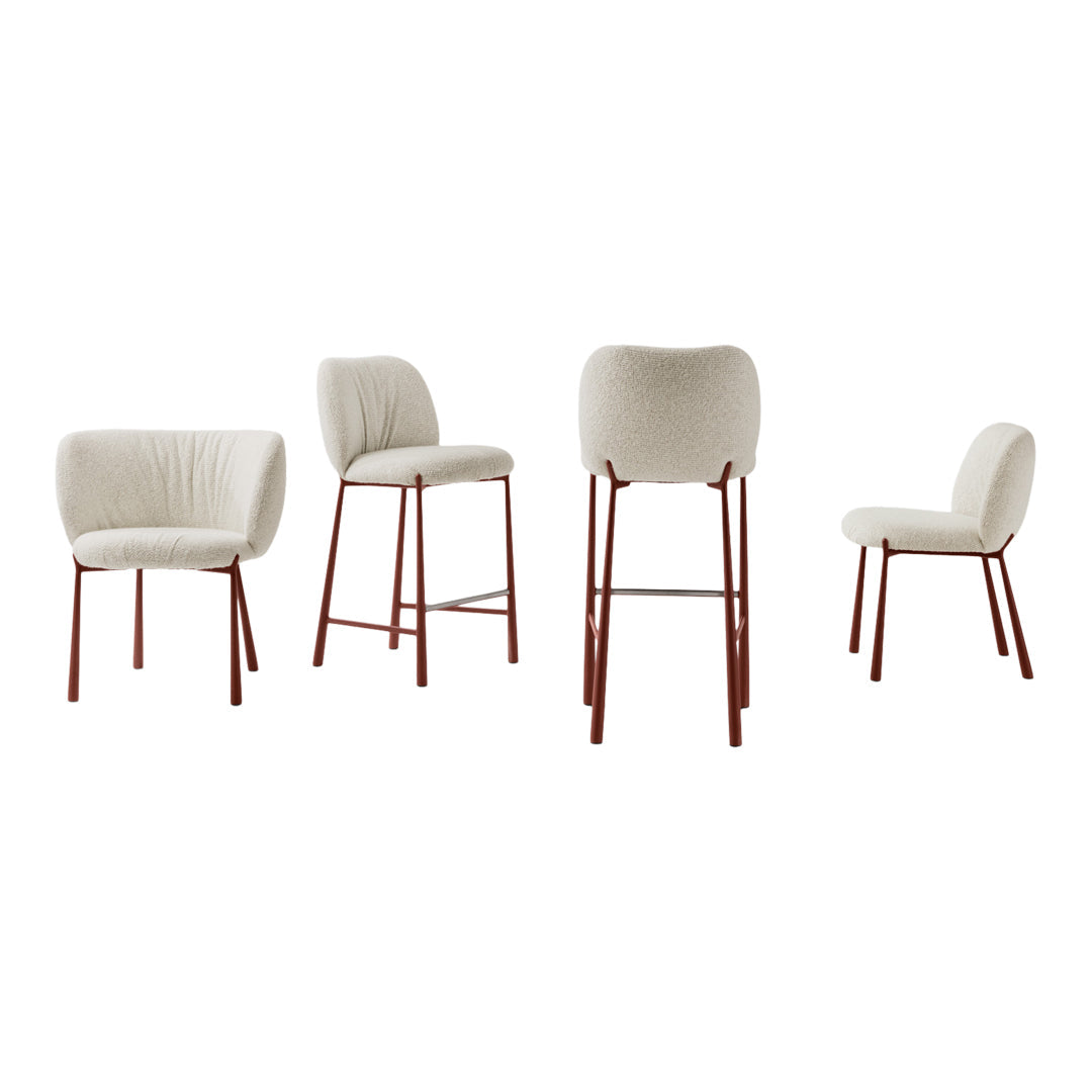 Set of four stylish chairs featuring beige upholstery and rust-colored metal legs, perfect for modern decor.