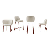 Set of four stylish chairs featuring beige upholstery and rust-colored metal legs, perfect for modern decor.