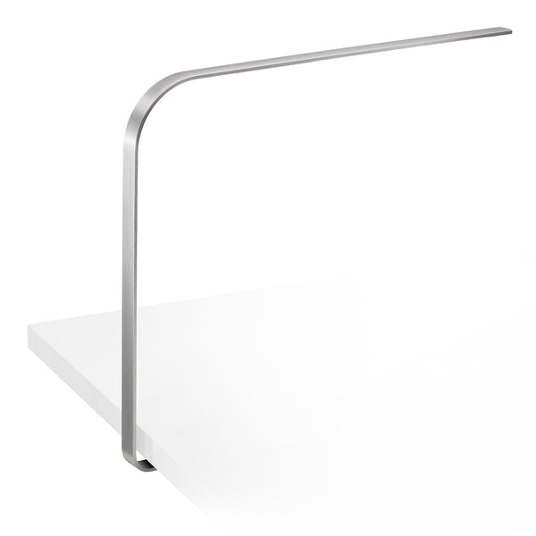 Stylish silver metal lamp with a sleek, modern design against a minimalist white background.
