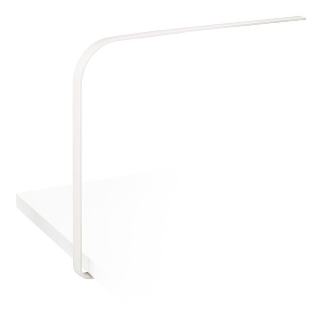 White minimalist desk lamp with a sleek, curved design, featuring a smooth, matte finish for a contemporary look.