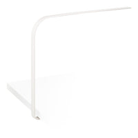 White minimalist desk lamp with a sleek, curved design, featuring a smooth, matte finish for a contemporary look.