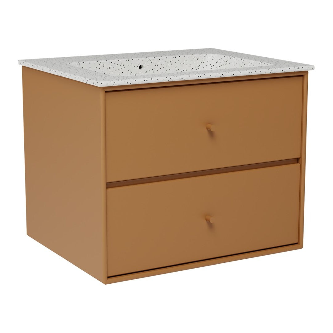 Modern square bedside table in warm orange with a speckled white top and two spacious drawers. 