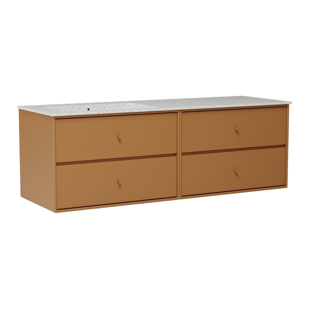 Tan four-drawer dresser with a textured gray top and simple knob handles. Ideal for modern home decor.