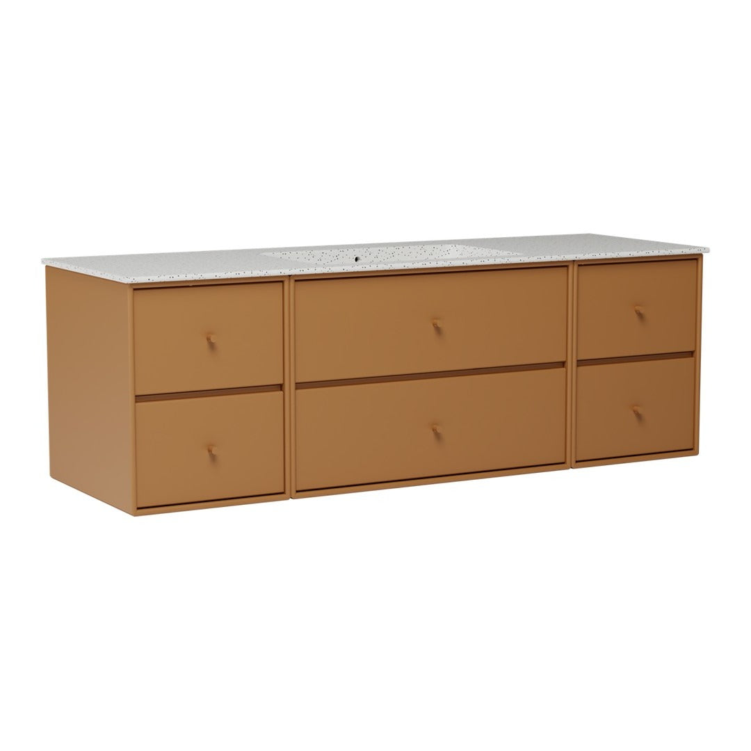 Contemporary tan storage cabinet with six drawers and a sleek white countertop. Perfect for modern interiors.