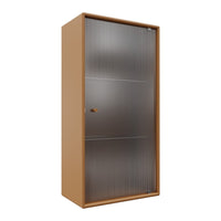 Brown storage cabinet with a sleek, vertical ribbed silver door, perfect for modern decor.