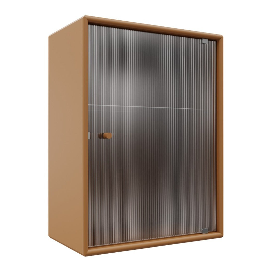 Brown storage cabinet with a textured metal door featuring vertical grooves, offering a modern, industrial aesthetic.