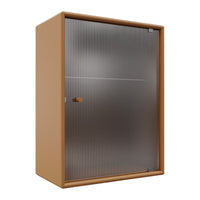 Brown storage cabinet with a textured metal door featuring vertical grooves, offering a modern, industrial aesthetic.