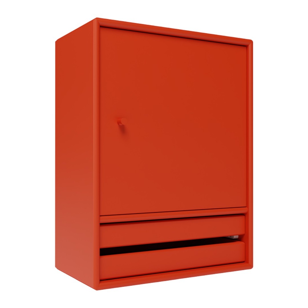 Bright red storage cabinet with a sleek, minimalist design and a smooth finish. Ideal for modern spaces.