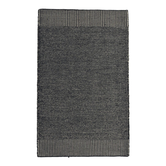 Gray rug with textured surface and striped border pattern, perfect for any modern decor.