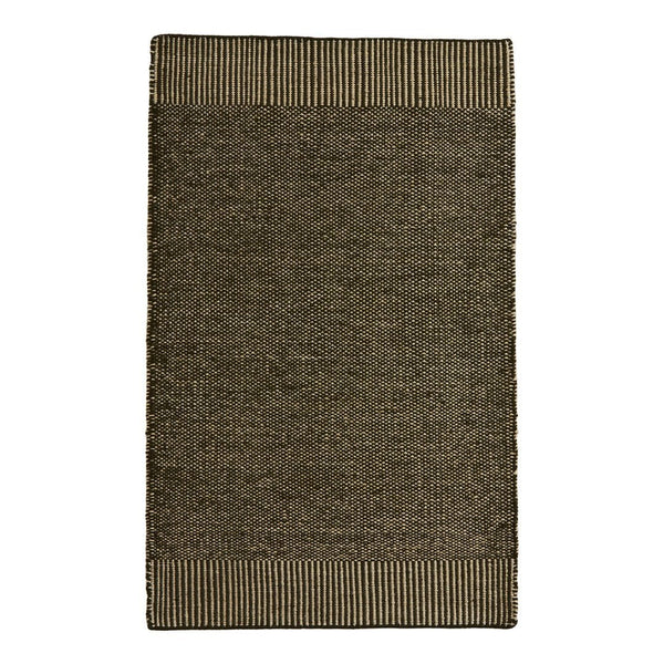 Olive green textured rug with a subtle striped border in a lighter hue. Perfect for modern decor.
