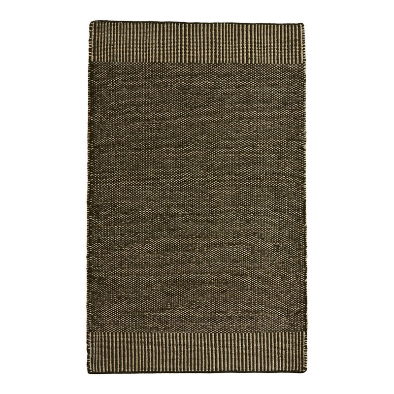 Olive green textured rug with a subtle striped border in a lighter hue. Perfect for modern decor.