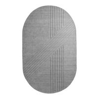 Gray oval rug featuring textured stripes and geometric patterns for modern home decor.