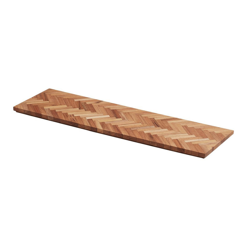 Natural wood cutting board with intricate herringbone pattern in warm tones of light and dark brown.
