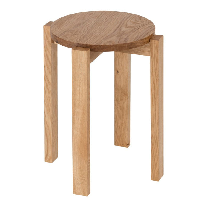 Natural wood stool with a round brown top and light wooden legs, showcasing a minimalist design.