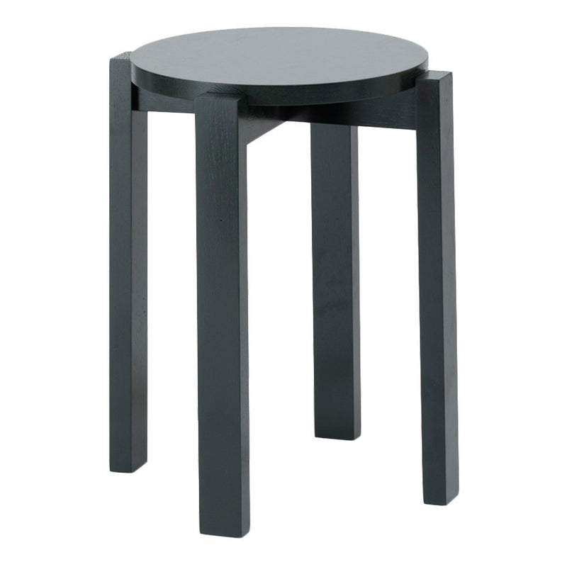 Sleek round stool in matte black with a minimalist design and sturdy rectangular legs. Perfect for modern spaces.