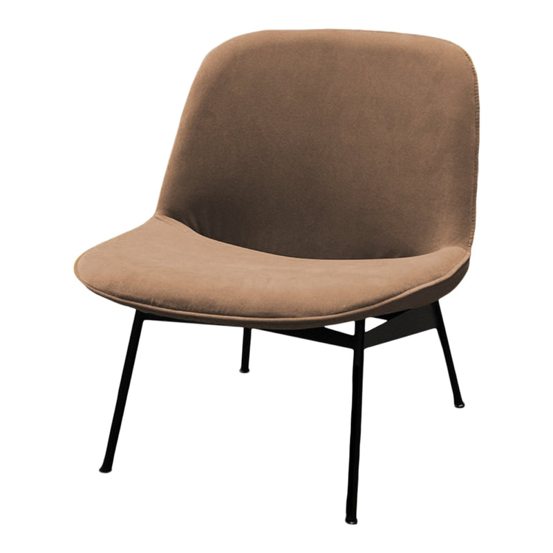 Brown velvet accent chair with a sleek black metal frame, featuring a minimalist design and smooth texture.