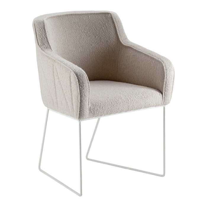 Beige textured upholstery on a minimalist white metal frame, perfect for modern decor.